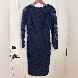 XScape Navy Blue Floral Appliqué Sheer Sleeve Dress